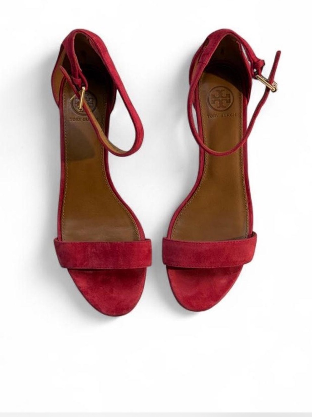 Tory Burch Red Suede Ankle-Strap Sandals kitten wedge